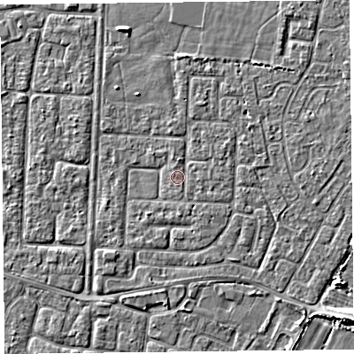 Shaded relief map of the ground around TA64JE, computed from Environment Agency LiDAR. The ground here sits at about 6 m above sea level and falls 4 m across the surrounding 800 m. Surface water reaching this point runs off ground lying to the south, 0.8 m higher.