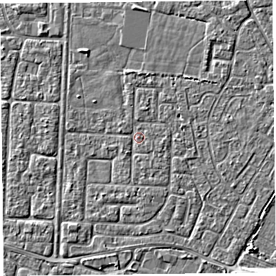 Shaded relief map of the ground around TA64JF, computed from Environment Agency LiDAR. The ground here sits at about 7 m above sea level and falls 4 m across the surrounding 800 m. Surface water reaching this point runs off ground lying to the north-west, 1.6 m higher.