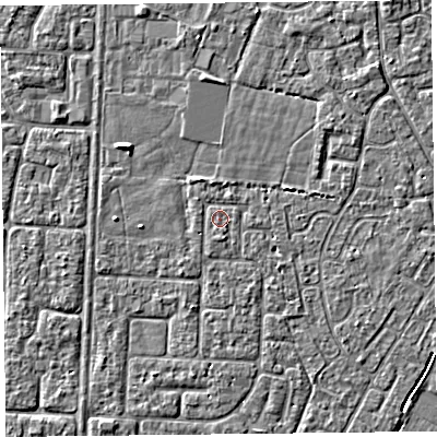 Shaded relief map of the ground around TA64JG, computed from Environment Agency LiDAR. The ground here sits at about 6 m above sea level and falls 3 m across the surrounding 800 m. Surface water reaching this point runs off ground lying to the south-south-west, 0.8 m higher.