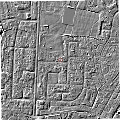 Shaded relief map of the ground around TA64JH, computed from Environment Agency LiDAR. The ground here sits at about 6 m above sea level and falls 3 m across the surrounding 800 m. Surface water reaching this point runs off ground lying to the north-west, 1.6 m higher.