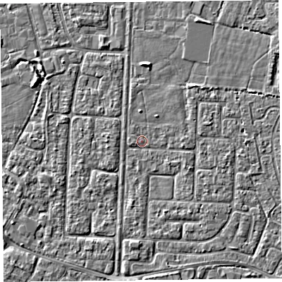 Shaded relief map of the ground around TA64JJ, computed from Environment Agency LiDAR. The ground here sits at about 6 m above sea level and falls 2 m across the surrounding 800 m. Surface water reaching this point runs off ground lying to the west, 1.0 m higher.