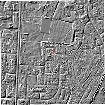 Shaded relief map of the ground around TA64JL, computed from Environment Agency LiDAR. The ground here sits at about 6 m above sea level and falls 3 m across the surrounding 800 m. Surface water reaching this point runs off ground lying to the south-south-west, 0.9 m higher.