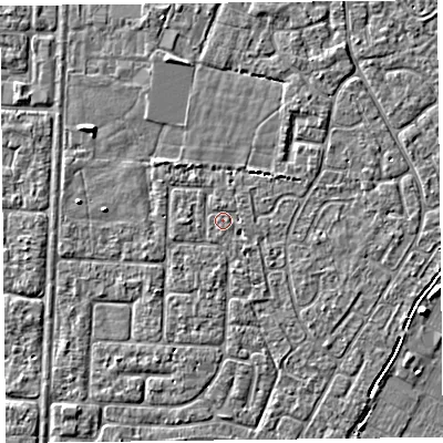 Shaded relief map of the ground around TA64JN, computed from Environment Agency LiDAR. The ground here sits at about 6 m above sea level and falls 5 m across the surrounding 800 m. The ground contributing surface water to this point lies to the north-north-west.