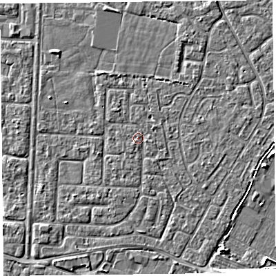 Shaded relief map of the ground around TA64JP, computed from Environment Agency LiDAR. The ground here sits at about 6 m above sea level and falls 5 m across the surrounding 800 m. Surface water reaching this point runs off ground lying to the north-west, 0.7 m higher.
