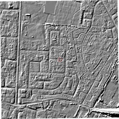 Shaded relief map of the ground around TA64JQ, computed from Environment Agency LiDAR. The ground here sits at about 6 m above sea level and falls 7 m across the surrounding 800 m. The ground contributing surface water to this point lies to the north-north-east.