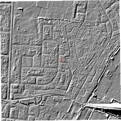 Shaded relief map of the ground around TA64JR, computed from Environment Agency LiDAR. The ground here sits at about 6 m above sea level and falls 8 m across the surrounding 800 m. Surface water reaching this point runs off ground lying to the north-north-west, 1.0 m higher.