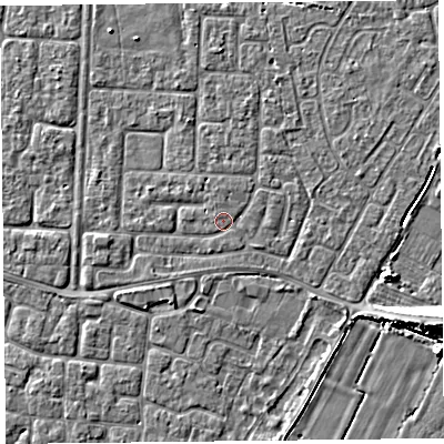 Shaded relief map of the ground around TA64JS, computed from Environment Agency LiDAR. The ground here sits at about 6 m above sea level and falls 6 m across the surrounding 800 m. Surface water reaching this point runs off ground lying to the west, 1.2 m higher.