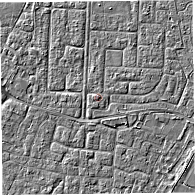 Shaded relief map of the ground around TA64JU, computed from Environment Agency LiDAR. The ground here sits at about 7 m above sea level and falls 3 m across the surrounding 800 m. Surface water reaching this point runs off ground lying to the east-north-east, 0.6 m higher.