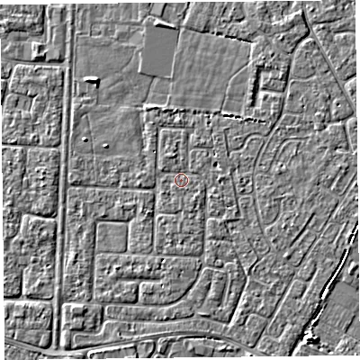 Shaded relief map of the ground around TA64JW, computed from Environment Agency LiDAR. The ground here sits at about 6 m above sea level and falls 4 m across the surrounding 800 m. Surface water reaching this point runs off ground lying to the west-north-west, 1.6 m higher.
