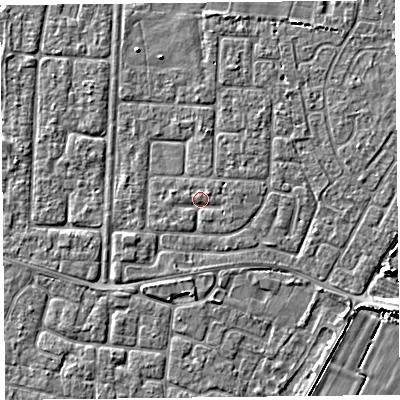 Shaded relief map of the ground around TA64JY, computed from Environment Agency LiDAR. The ground here sits at about 6 m above sea level and falls 4 m across the surrounding 800 m. Surface water reaching this point runs off ground lying to the west-south-west, 1.2 m higher.