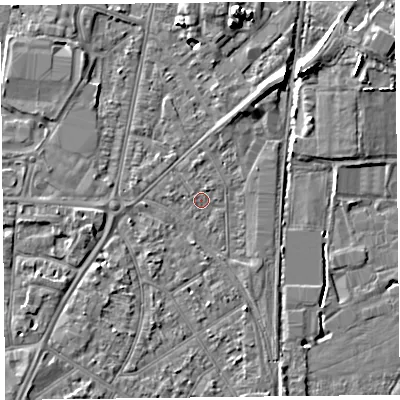 Shaded relief map of the ground around TA64JZ, computed from Environment Agency LiDAR. The ground here sits at about 7 m above sea level and falls 7 m across the surrounding 800 m. Surface water reaching this point runs off ground lying to the south-west, 1.2 m higher.