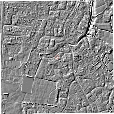 Shaded relief map of the ground around TA64LA, computed from Environment Agency LiDAR. The ground here sits at about 6 m above sea level and falls 3 m across the surrounding 800 m. Surface water reaching this point runs off ground lying to the east, 1.2 m higher.