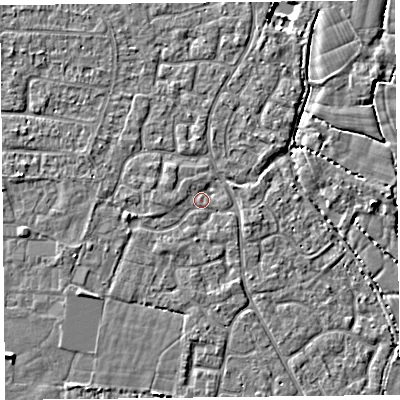 Shaded relief map of the ground around TA64LB, computed from Environment Agency LiDAR. The ground here sits at about 6 m above sea level and falls 3 m across the surrounding 800 m. Surface water reaching this point runs off ground lying to the east-south-east, 1.2 m higher.