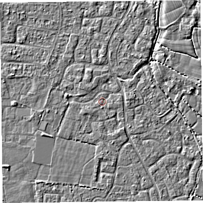 Shaded relief map of the ground around TA64LD, computed from Environment Agency LiDAR. The ground here sits at about 6 m above sea level and falls 3 m across the surrounding 800 m. Surface water reaching this point runs off ground lying to the south-west, 0.8 m higher.