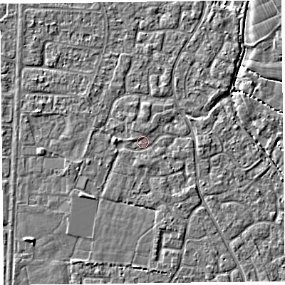 Shaded relief map of the ground around TA64LE, computed from Environment Agency LiDAR. The ground here sits at about 6 m above sea level and falls 3 m across the surrounding 800 m. Surface water reaching this point runs off ground lying to the east, 1.2 m higher.