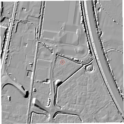 Shaded relief map of the ground around TA64LF, computed from Environment Agency LiDAR. The ground here sits at about 6 m above sea level and falls 10 m across the surrounding 800 m. Surface water reaching this point runs off ground lying to the west-north-west, 1.3 m higher.