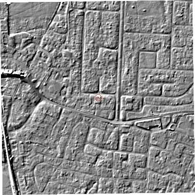Shaded relief map of the ground around TA64LG, computed from Environment Agency LiDAR. The ground here sits at about 6 m above sea level and falls 7 m across the surrounding 800 m. Surface water reaching this point runs off ground lying to the north-east, 1.2 m higher.