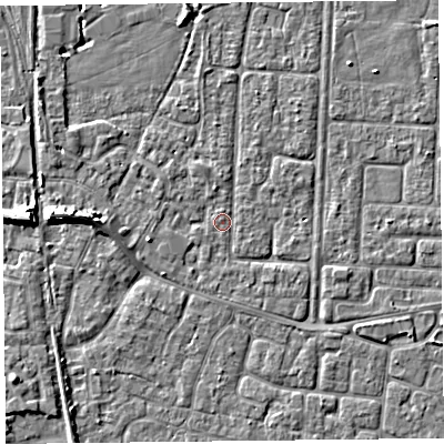 Shaded relief map of the ground around TA64LH, computed from Environment Agency LiDAR. The ground here sits at about 6 m above sea level and falls 6 m across the surrounding 800 m. Surface water reaching this point runs off ground lying to the west-south-west, 2.0 m higher.
