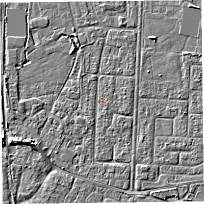 Shaded relief map of the ground around TA64LJ, computed from Environment Agency LiDAR. The ground here sits at about 6 m above sea level and falls 6 m across the surrounding 800 m. Surface water reaching this point runs off ground lying to the south-west, 2.0 m higher.