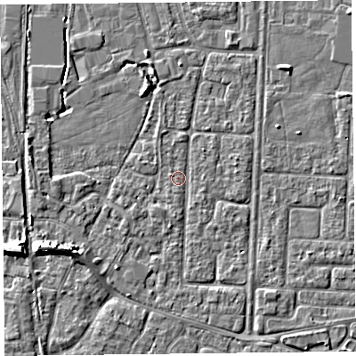 Shaded relief map of the ground around TA64LL, computed from Environment Agency LiDAR. The ground here sits at about 6 m above sea level and falls 6 m across the surrounding 800 m. Surface water reaching this point runs off ground lying to the south-west, 3.8 m higher.