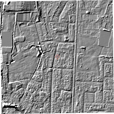 Shaded relief map of the ground around TA64LN, computed from Environment Agency LiDAR. The ground here sits at about 6 m above sea level and falls 6 m across the surrounding 800 m. Surface water reaching this point runs off ground lying to the north-north-west, 3.5 m higher.
