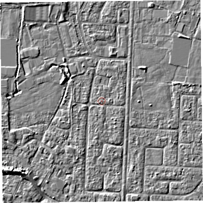 Shaded relief map of the ground around TA64LP, computed from Environment Agency LiDAR. The ground here sits at about 6 m above sea level and falls 6 m across the surrounding 800 m. Surface water reaching this point runs off ground lying to the south-east, 0.7 m higher.