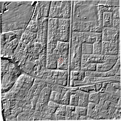 Shaded relief map of the ground around TA64LQ, computed from Environment Agency LiDAR. The ground here sits at about 6 m above sea level and falls 5 m across the surrounding 800 m. Surface water reaching this point runs off ground lying to the north, 1.1 m higher.
