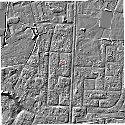 Shaded relief map of the ground around TA64LR, computed from Environment Agency LiDAR. The ground here sits at about 6 m above sea level and falls 5 m across the surrounding 800 m. Surface water reaching this point runs off ground lying to the east, 0.8 m higher.