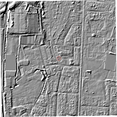 Shaded relief map of the ground around TA64LS, computed from Environment Agency LiDAR. The ground here sits at about 6 m above sea level and falls 6 m across the surrounding 800 m. Surface water reaching this point runs off ground lying to the north-north-east, 0.8 m higher.