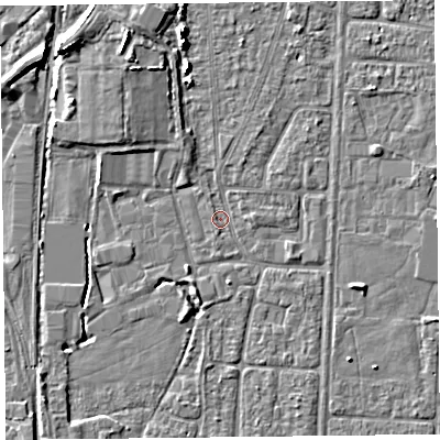 Shaded relief map of the ground around TA64LT, computed from Environment Agency LiDAR. The ground here sits at about 6 m above sea level and falls 6 m across the surrounding 800 m. Surface water reaching this point runs off ground lying to the east, 0.8 m higher.