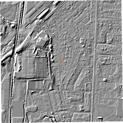 Shaded relief map of the ground around TA64LU, computed from Environment Agency LiDAR. The ground here sits at about 6 m above sea level and falls 7 m across the surrounding 800 m. Surface water reaching this point runs off ground lying to the west-north-west, 4.2 m higher.