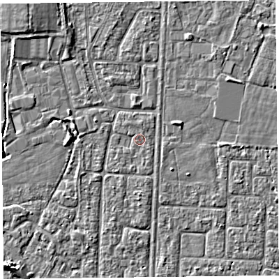 Shaded relief map of the ground around TA64LW, computed from Environment Agency LiDAR. The ground here sits at about 6 m above sea level and falls 4 m across the surrounding 800 m. Surface water reaching this point runs off ground lying to the north, 0.6 m higher.