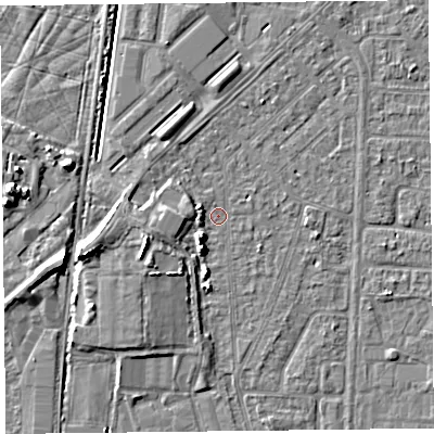 Shaded relief map of the ground around TA64LX, computed from Environment Agency LiDAR. The ground here sits at about 6 m above sea level and falls 7 m across the surrounding 800 m. Surface water reaching this point runs off ground lying to the south-west, 3.5 m higher.