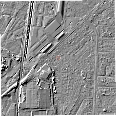 Shaded relief map of the ground around TA64LY, computed from Environment Agency LiDAR. The ground here sits at about 6 m above sea level and falls 7 m across the surrounding 800 m. Surface water reaching this point runs off ground lying to the south-west, 4.5 m higher.