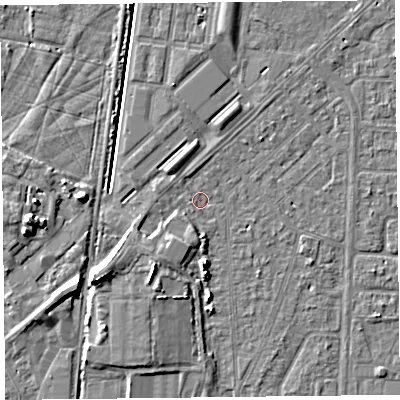 Shaded relief map of the ground around TA64LZ, computed from Environment Agency LiDAR. The ground here sits at about 6 m above sea level and falls 7 m across the surrounding 800 m. Surface water reaching this point runs off ground lying to the south-south-west, 4.1 m higher.