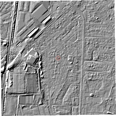 Shaded relief map of the ground around TA64NA, computed from Environment Agency LiDAR. The ground here sits at about 6 m above sea level and falls 7 m across the surrounding 800 m. Surface water reaching this point runs off ground lying to the west-south-west, 4.2 m higher.