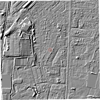 Shaded relief map of the ground around TA64NB, computed from Environment Agency LiDAR. The ground here sits at about 6 m above sea level and falls 7 m across the surrounding 800 m. The ground contributing surface water to this point lies to the east.
