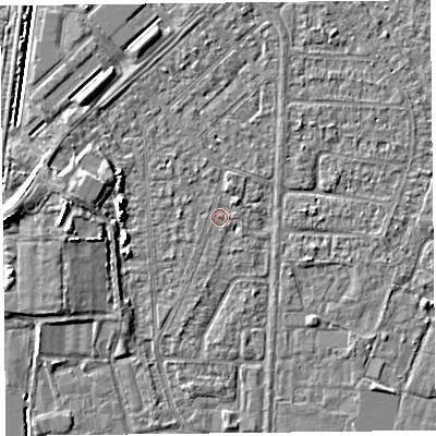 Shaded relief map of the ground around TA64ND, computed from Environment Agency LiDAR. The ground here sits at about 6 m above sea level and falls 7 m across the surrounding 800 m. Surface water reaching this point runs off ground lying to the north-east, 0.6 m higher.