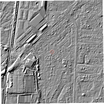 Shaded relief map of the ground around TA64NE, computed from Environment Agency LiDAR. The ground here sits at about 6 m above sea level and falls 7 m across the surrounding 800 m. Surface water reaching this point runs off ground lying to the south-south-west, 0.5 m higher.