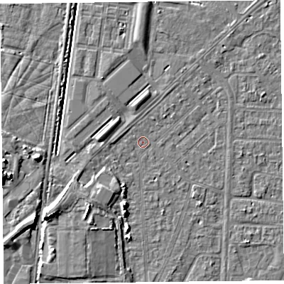Shaded relief map of the ground around TA64NF, computed from Environment Agency LiDAR. The ground here sits at about 6 m above sea level and falls 7 m across the surrounding 800 m. Surface water reaching this point runs off ground lying to the south-west, 4.5 m higher.