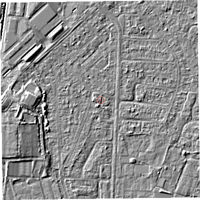 Shaded relief map of the ground around TA64NG, computed from Environment Agency LiDAR. The ground here sits at about 6 m above sea level and falls 5 m across the surrounding 800 m. Surface water reaching this point runs off ground lying to the south-south-west, 0.9 m higher.