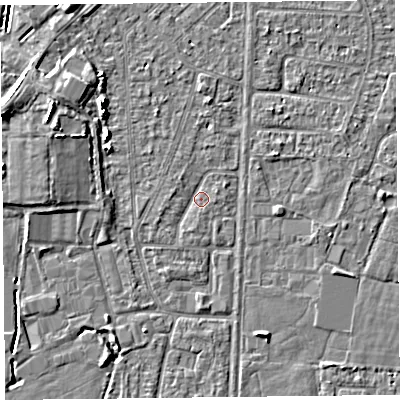 Shaded relief map of the ground around TA64NH, computed from Environment Agency LiDAR. The ground here sits at about 6 m above sea level and falls 6 m across the surrounding 800 m. Surface water reaching this point runs off ground lying to the west-south-west, 1.0 m higher.