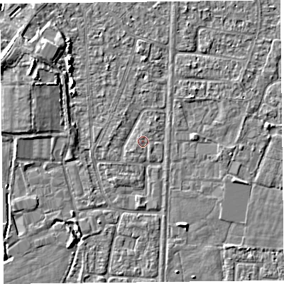 Shaded relief map of the ground around TA64NJ, computed from Environment Agency LiDAR. The ground here sits at about 6 m above sea level and falls 5 m across the surrounding 800 m. Surface water reaching this point runs off ground lying to the south, 1.0 m higher.