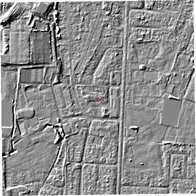 Shaded relief map of the ground around TA64NL, computed from Environment Agency LiDAR. The ground here sits at about 6 m above sea level and falls 6 m across the surrounding 800 m. Surface water reaching this point runs off ground lying to the west, 0.7 m higher.