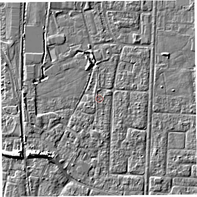 Shaded relief map of the ground around TA64NN, computed from Environment Agency LiDAR. The ground here sits at about 6 m above sea level and falls 6 m across the surrounding 800 m. Surface water reaching this point runs off ground lying to the north-north-west, 0.5 m higher.