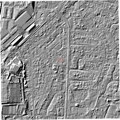 Shaded relief map of the ground around TA64NP, computed from Environment Agency LiDAR. The ground here sits at about 6 m above sea level and falls 5 m across the surrounding 800 m. Surface water reaching this point runs off ground lying to the west-south-west, 4.5 m higher.
