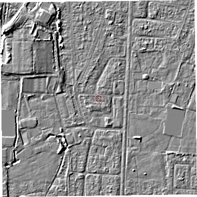 Shaded relief map of the ground around TA64NQ, computed from Environment Agency LiDAR. The ground here sits at about 6 m above sea level and falls 6 m across the surrounding 800 m. Surface water reaching this point runs off ground lying to the south-west, 0.7 m higher.