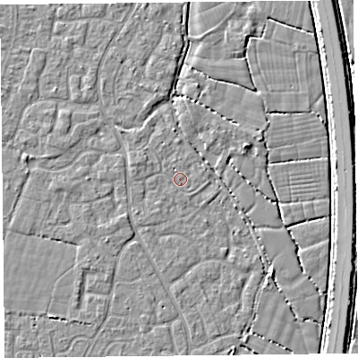 Shaded relief map of the ground around TA64NR, computed from Environment Agency LiDAR. The ground here sits at about 6 m above sea level and falls 4 m across the surrounding 800 m. Surface water reaching this point runs off ground lying to the north, 1.1 m higher.