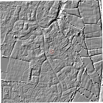 Shaded relief map of the ground around TA64NS, computed from Environment Agency LiDAR. The ground here sits at about 6 m above sea level and falls 4 m across the surrounding 800 m. The ground contributing surface water to this point lies to the south-west.