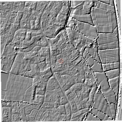 Shaded relief map of the ground around TA64NU, computed from Environment Agency LiDAR. The ground here sits at about 6 m above sea level and falls 4 m across the surrounding 800 m. Surface water reaching this point runs off ground lying to the north-west, 1.4 m higher.
